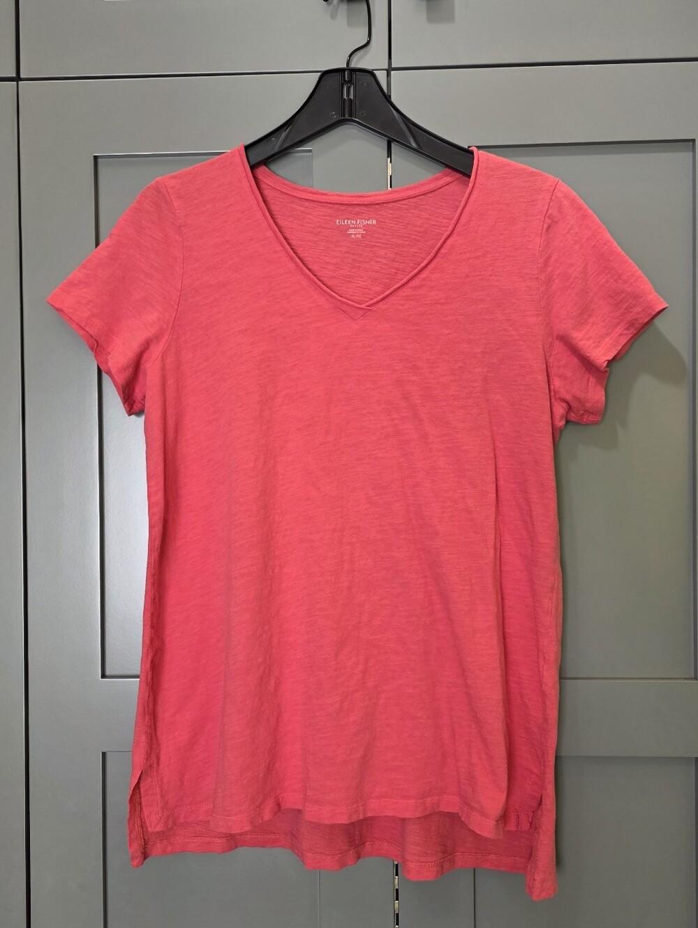 Eileen Fisher Organic Cotton Slub V-Neck T-Shirt Soft Womens Coral Petite Large